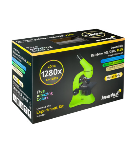 Microscope Levenhuk Rainbow 50L PLUS Lime 64x–1280x with experimental kit K50