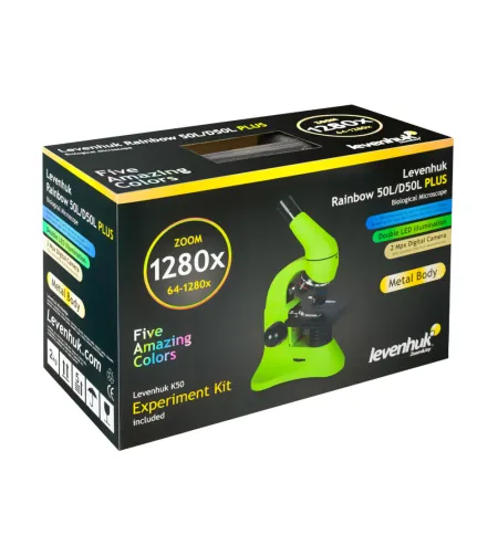 Mikroskopas Levenhuk Rainbow 50L PLUS Moonstone 64x–1280x su eksperimentiniu rinkiniu K50