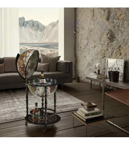 Raven-black floor standing bar globe Zoffoli with a map Vulcano