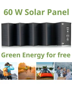 BRESSER mobilus saulės įkroviklis 60 vatų su USB ir nuolatinės srovės išvestimi