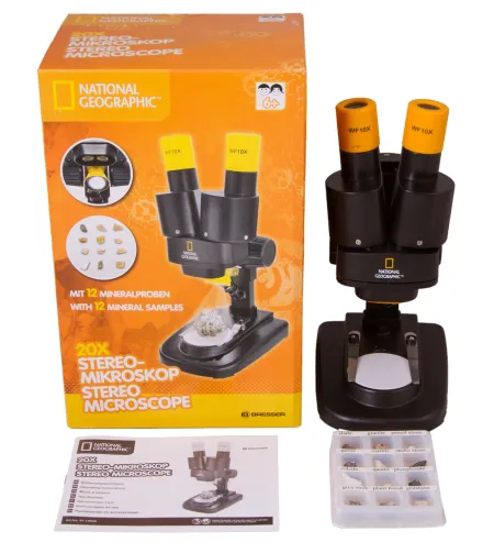 Binokuliarinis mikroskopas National Geographic 20x su mineralų mėginiais