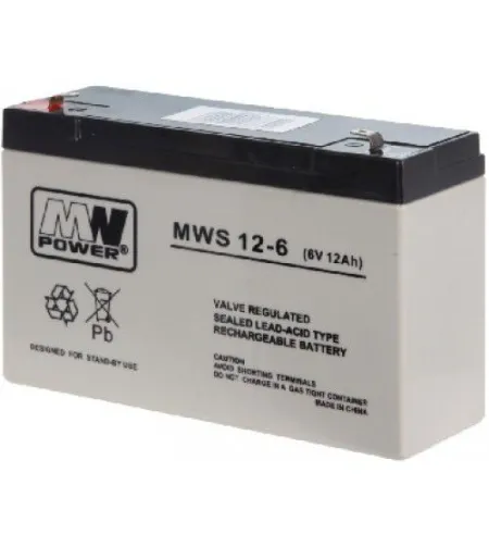 Svina akumulators, MW Power MWS 12-6 (6V, 12Ah) (4.8mm) VRLA (Valve Regulated Lead-Acid)