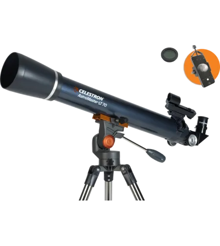 „Celestron Astromaster LT 70AZ&ldquo; su telefono adapteriu ir mėnulio filtru