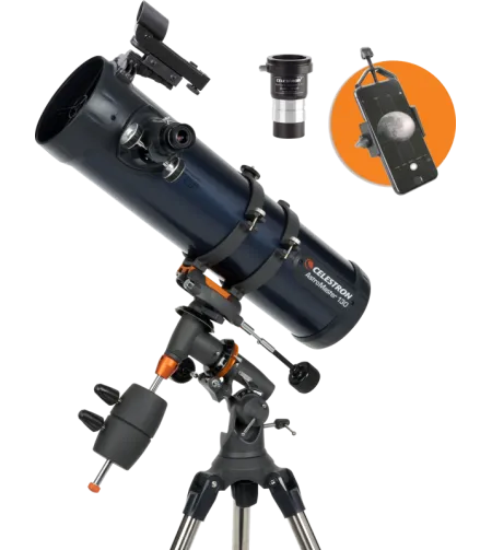 Celestron AstroMaster 130EQ peegelteleskoop nutitelefoni adapteri ja T2 Barlow' läätsedega